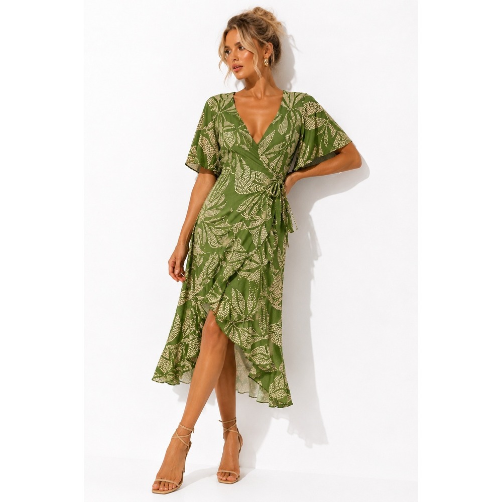 Anthropologie MOTF Green Leaf Print Wrap Dress Kimono Sleeves Ruffle Hem Size M